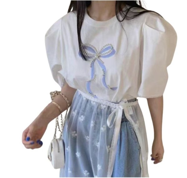 画像1: Pearl ribbon short sleeve T-shirt　パールリボンブラウスTシャツ (1)