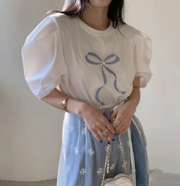 画像6: Pearl ribbon short sleeve T-shirt　パールリボンブラウスTシャツ (6)