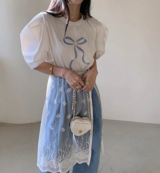 画像5: Pearl ribbon short sleeve T-shirt　パールリボンブラウスTシャツ (5)