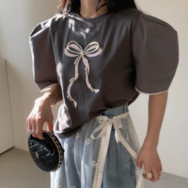 画像7: Pearl ribbon short sleeve T-shirt　パールリボンブラウスTシャツ (7)