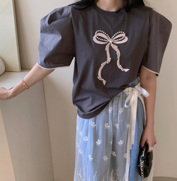 画像8: Pearl ribbon short sleeve T-shirt　パールリボンブラウスTシャツ (8)