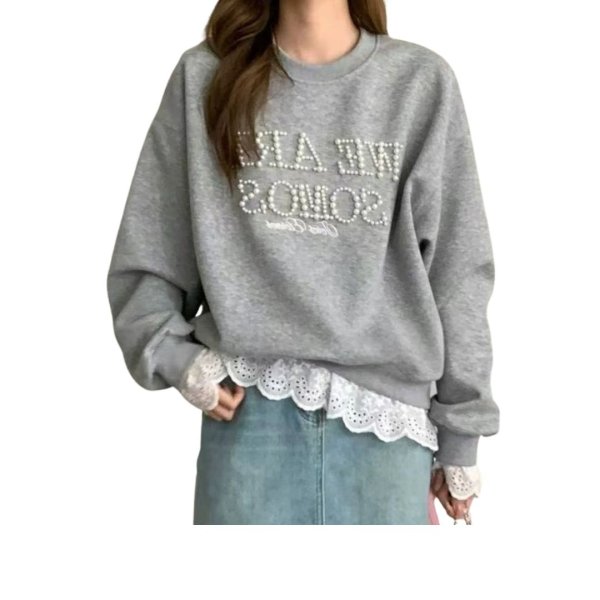 画像2: Pearl logo and lace sleeve and hem round neck sweatshirt　 パールロゴ＆レース袖裾ラウンドネックスウェット (2)