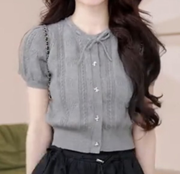 画像4: Bow ribbon round neck ribbon openwork short sleeve cardigan sweater　 ボウリボンラウンドネックリボン透かし編み半袖カーディガン セーター (4)