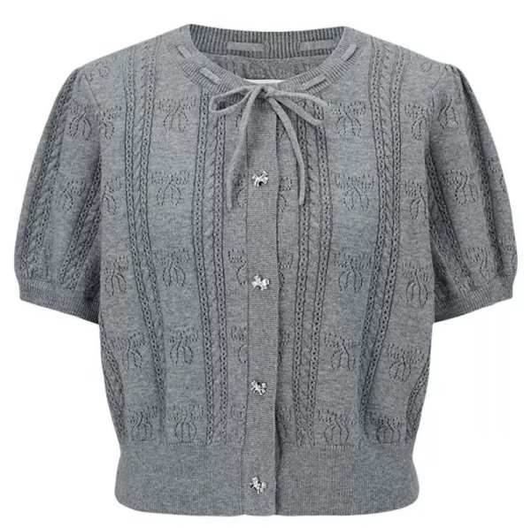 画像1: Bow ribbon round neck ribbon openwork short sleeve cardigan sweater　 ボウリボンラウンドネックリボン透かし編み半袖カーディガン セーター (1)