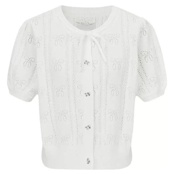 画像2: Bow ribbon round neck ribbon openwork short sleeve cardigan sweater　 ボウリボンラウンドネックリボン透かし編み半袖カーディガン セーター (2)