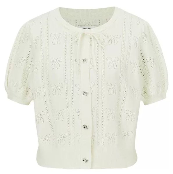 画像3: Bow ribbon round neck ribbon openwork short sleeve cardigan sweater　 ボウリボンラウンドネックリボン透かし編み半袖カーディガン セーター (3)