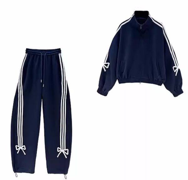 画像1: Women's Stand collar zip up ribbon set up ジップアップリボン付きセットアップ　 (1)