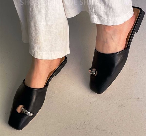 画像10: Flat Leather Ring Mule Sandal Loafers pumps shoes   　フラットレザーリングミュールサンダルローファーパンプスシューズ (10)