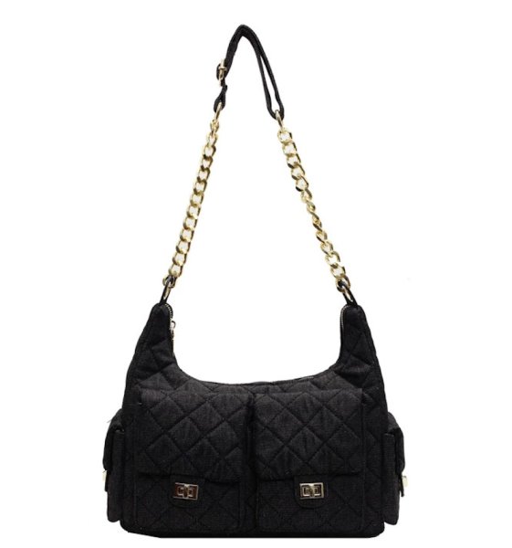 画像2: Denim quilted chain shoulder strap tote shoulder crossbody bag　デニムキルティングチェーンショルダーストラップトートショルダークロスボディバッグ (2)