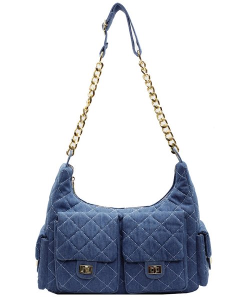 画像1: Denim quilted chain shoulder strap tote shoulder crossbody bag　デニムキルティングチェーンショルダーストラップトートショルダークロスボディバッグ (1)