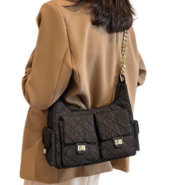 画像8: Denim quilted chain shoulder strap tote shoulder crossbody bag　デニムキルティングチェーンショルダーストラップトートショルダークロスボディバッグ (8)