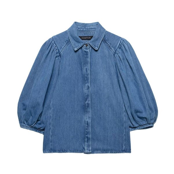 画像1: Puff sleeve denim half sleeve blouse shirt　 パフスリーブデニム5分丈袖ブラウス　シャツ (1)