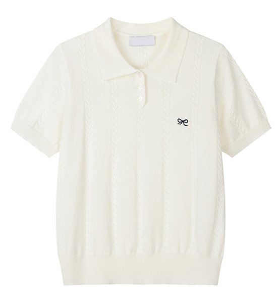 画像2: Ribbon point embroidered polo collar sweater sweater　 リボンワンポイント刺繍透かし編み半袖ポロカラー セーター (2)