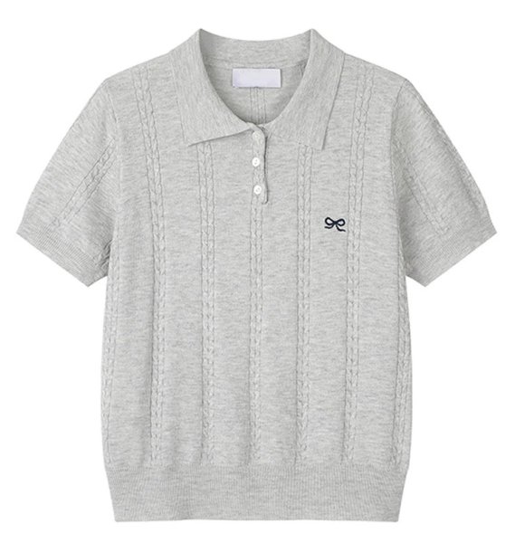 画像1: Ribbon point embroidered polo collar sweater sweater　 リボンワンポイント刺繍透かし編み半袖ポロカラー セーター (1)