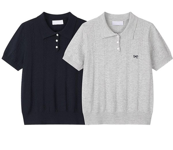 画像4: Ribbon point embroidered polo collar sweater sweater　 リボンワンポイント刺繍透かし編み半袖ポロカラー セーター (4)