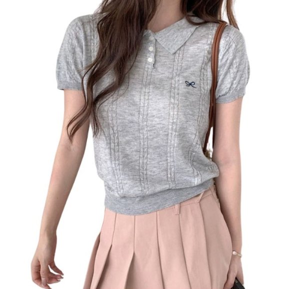 画像6: Ribbon point embroidered polo collar sweater sweater　 リボンワンポイント刺繍透かし編み半袖ポロカラー セーター (6)