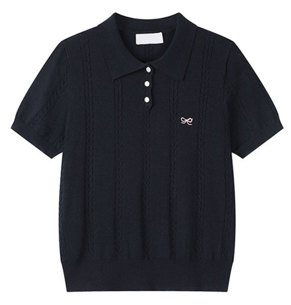 画像3: Ribbon point embroidered polo collar sweater sweater　 リボンワンポイント刺繍透かし編み半袖ポロカラー セーター (3)