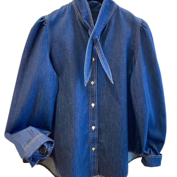 画像2: Puff sleeve denim bow ribbon blouse 　 パフスリーブデニムリボンボウ袖ブラウス　シャツ (2)