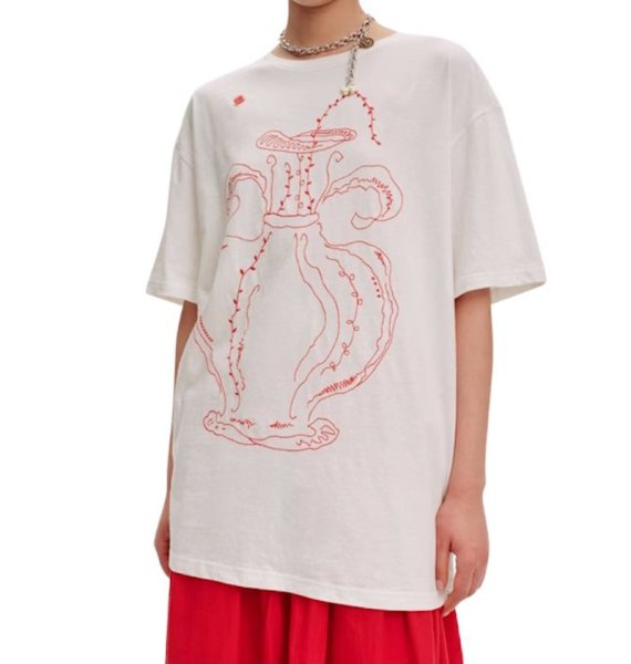 画像1: Unisex Vase Embroidery T-shirt　ユニセックス花瓶刺繍ラウンドネック半袖Tシャツ (1)
