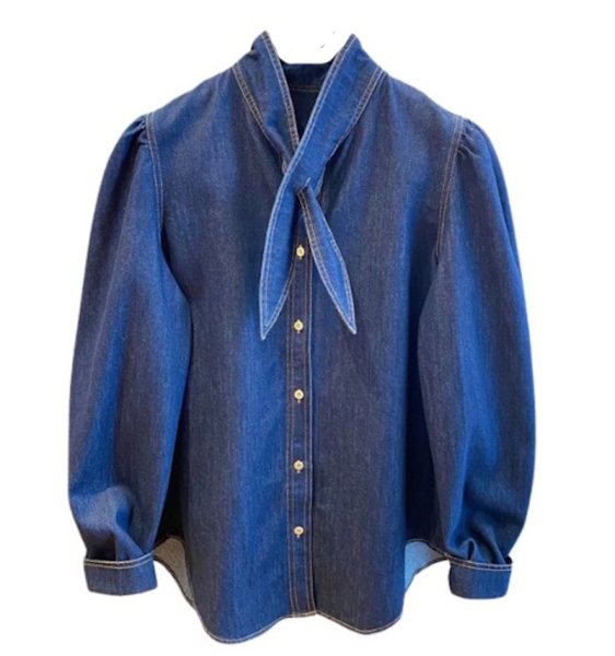 画像1: Puff sleeve denim bow ribbon blouse 　 パフスリーブデニムリボンボウ袖ブラウス　シャツ (1)