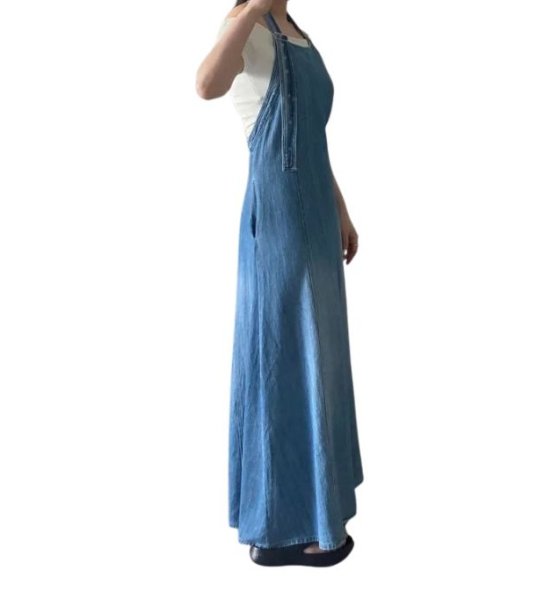 画像6: Halter neck design A-line washed denim overalls jumpsuit skirt　ホルターネックデザイン Aラインウォッシュデニムオーバーオールジャンプスーツスカートオーバーオール (6)