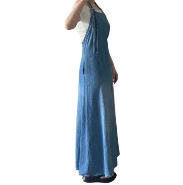 画像3: Halter neck design A-line washed denim overalls jumpsuit skirt　ホルターネックデザイン Aラインウォッシュデニムオーバーオールジャンプスーツスカートオーバーオール (3)