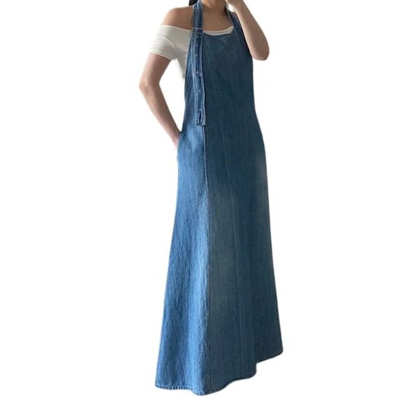 画像5: Halter neck design A-line washed denim overalls jumpsuit skirt　ホルターネックデザイン Aラインウォッシュデニムオーバーオールジャンプスーツスカートオーバーオール (5)