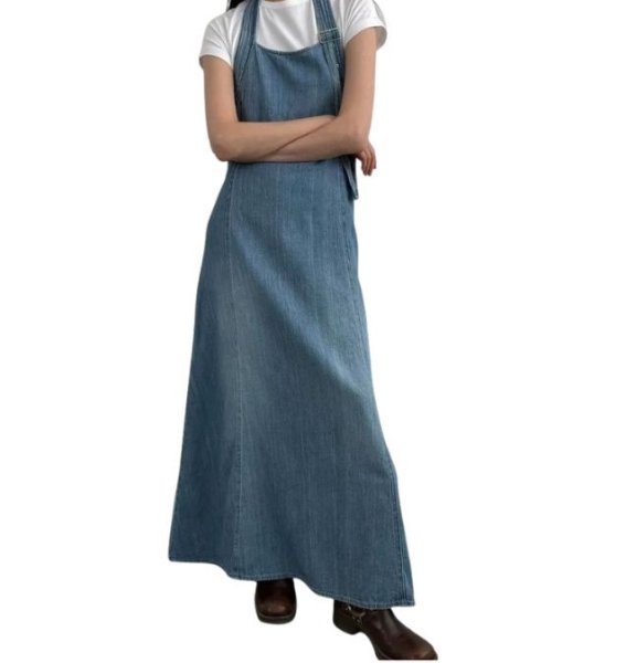 画像2: Halter neck design A-line washed denim overalls jumpsuit skirt　ホルターネックデザイン Aラインウォッシュデニムオーバーオールジャンプスーツスカートオーバーオール (2)