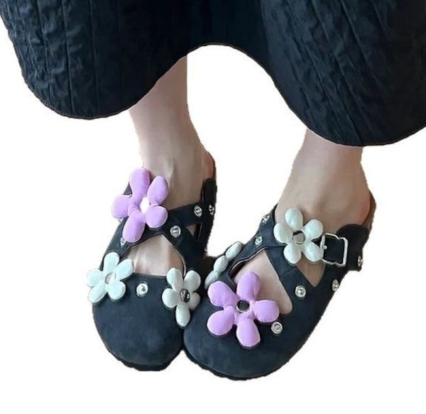 画像5: Half Slippers Birkenstock Sandals with Down Flowers　ダウンフラワー付きレザーハーフスリッパサンダル  (5)