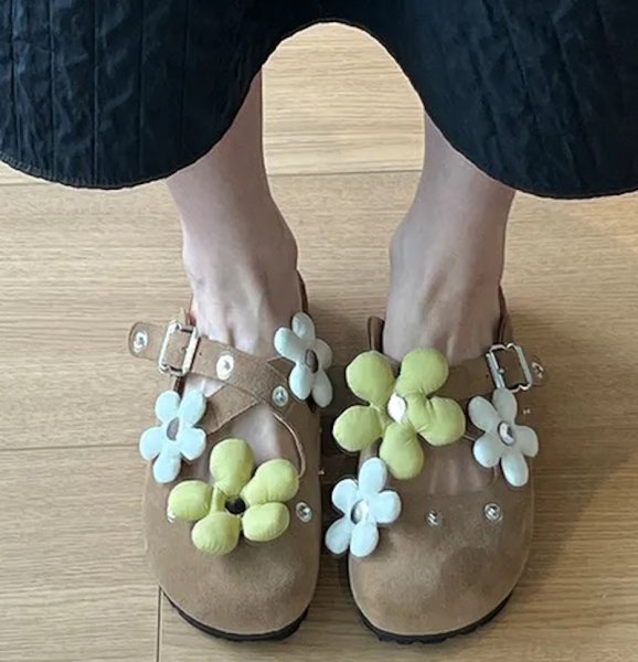 画像6: Half Slippers Birkenstock Sandals with Down Flowers　ダウンフラワー付きレザーハーフスリッパサンダル  (6)