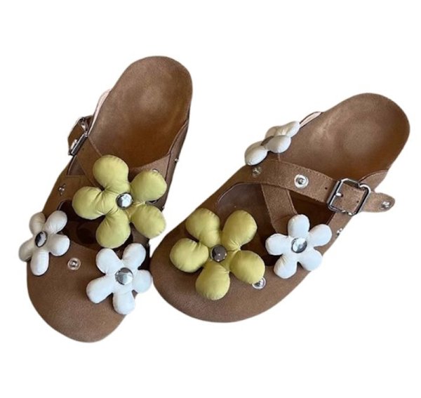 画像2: Half Slippers Birkenstock Sandals with Down Flowers　ダウンフラワー付きレザーハーフスリッパサンダル  (2)