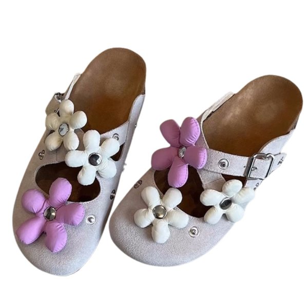 画像3: Half Slippers Birkenstock Sandals with Down Flowers　ダウンフラワー付きレザーハーフスリッパサンダル  (3)