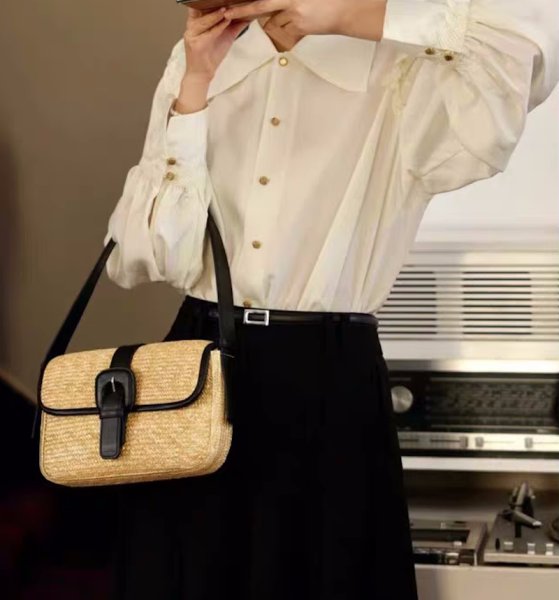 画像8: Retro straw and leather underarm tote shoulder bag　レトロストロー＆レザーかご籠アンダーアームトートショルダーバッグ (8)