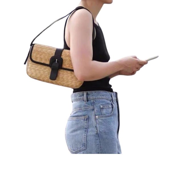 画像6: Retro straw and leather underarm tote shoulder bag　レトロストロー＆レザーかご籠アンダーアームトートショルダーバッグ (6)