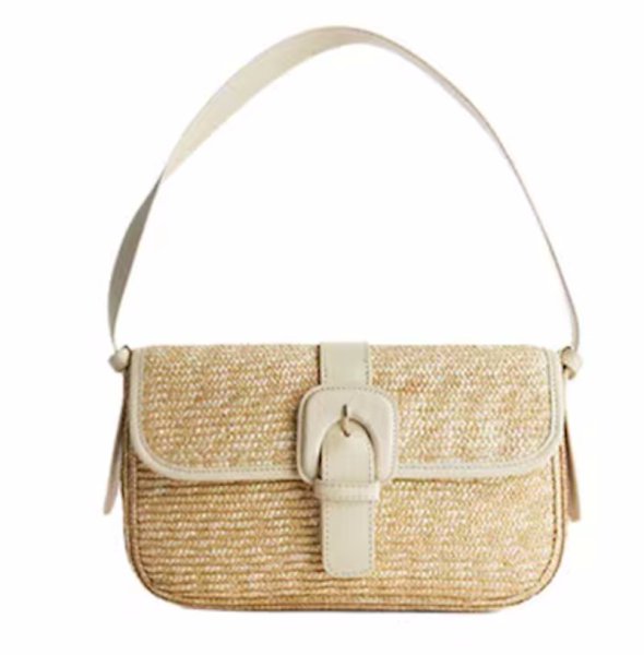 画像1: Retro straw and leather underarm tote shoulder bag　レトロストロー＆レザーかご籠アンダーアームトートショルダーバッグ (1)