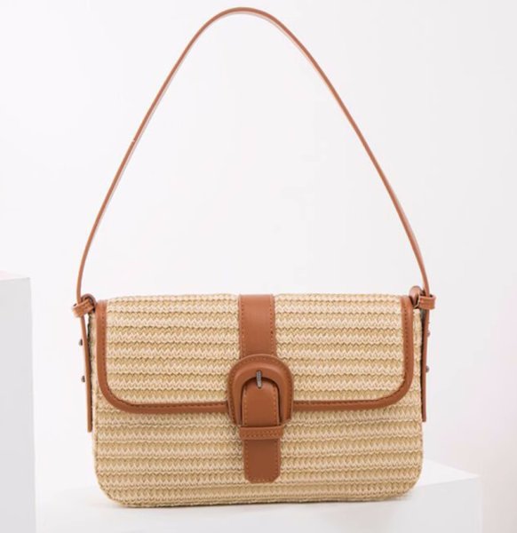 画像2: Retro straw and leather underarm tote shoulder bag　レトロストロー＆レザーかご籠アンダーアームトートショルダーバッグ (2)