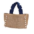 画像1: Square pearl gathered handle straw tote basket bag　スクエアパール付きギャザーハンドルストローかご籠トートバッグ (1)