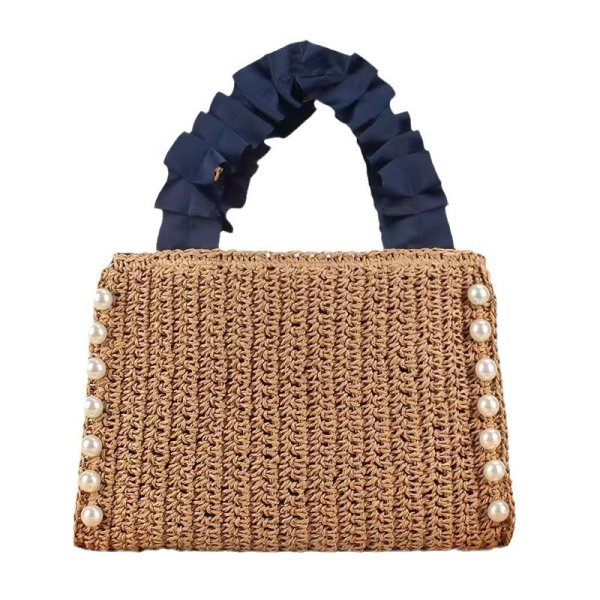 画像2: Square pearl gathered handle straw tote basket bag　スクエアパール付きギャザーハンドルストローかご籠トートバッグ (2)