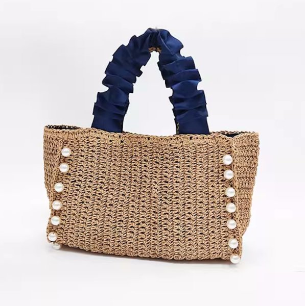 画像4: Square pearl gathered handle straw tote basket bag　スクエアパール付きギャザーハンドルストローかご籠トートバッグ (4)