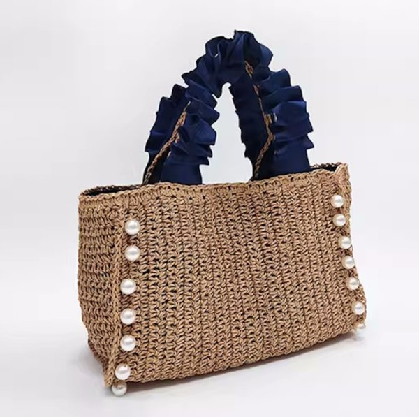 画像3: Square pearl gathered handle straw tote basket bag　スクエアパール付きギャザーハンドルストローかご籠トートバッグ (3)