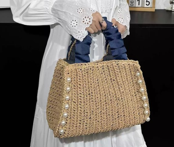 画像8: Square pearl gathered handle straw tote basket bag　スクエアパール付きギャザーハンドルストローかご籠トートバッグ (8)