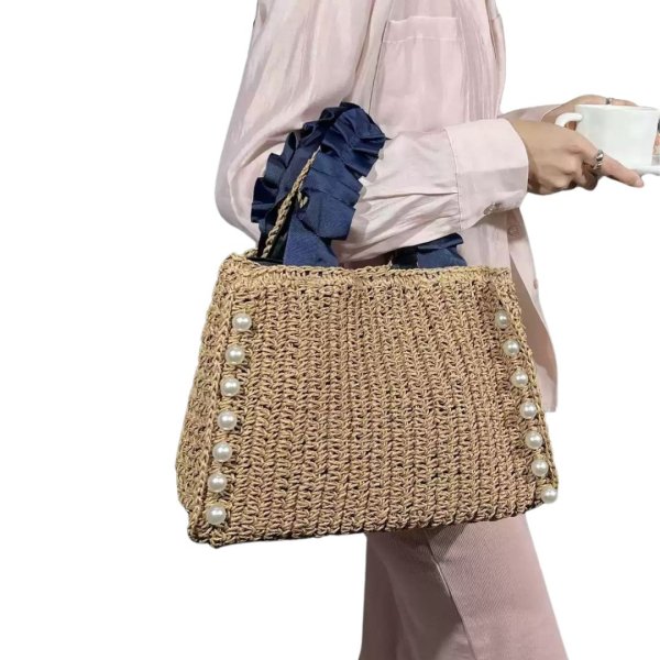 画像9: Square pearl gathered handle straw tote basket bag　スクエアパール付きギャザーハンドルストローかご籠トートバッグ (9)