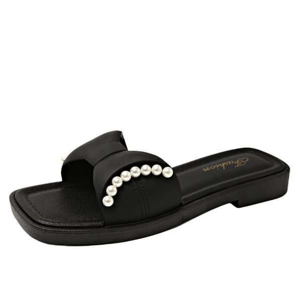 画像1: Leather Soft Sole Flat Ribbon Pearl Sandal Slippers　ソフトソールレザーフラットリボンパールサンダルスリッパ (1)