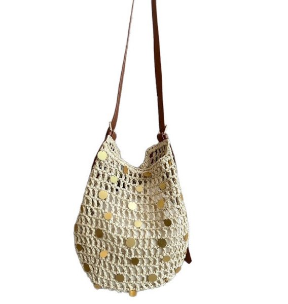 画像2: Metallic embellished shoulder crossbody tote basket bag　メタル付き網かご籠ショルダークロスボディートートバッグ (2)