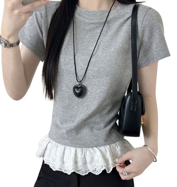 画像2: Splicing lace short sleeve T-shirt　裾レース付きラウンドネック半袖Tシャツ (2)