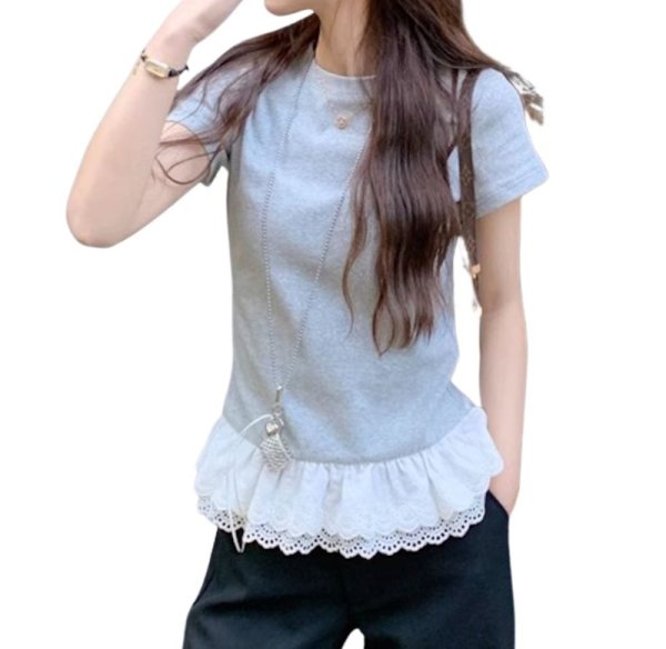 画像1: Splicing lace short sleeve T-shirt　裾レース付きラウンドネック半袖Tシャツ (1)