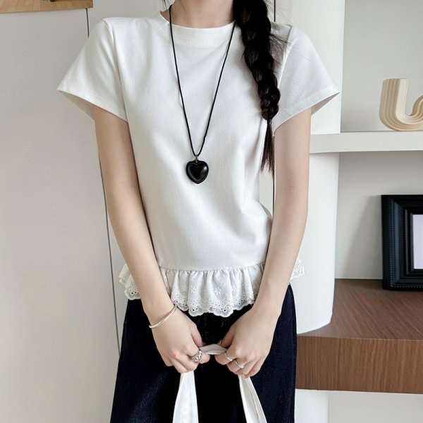 画像4: Splicing lace short sleeve T-shirt　裾レース付きラウンドネック半袖Tシャツ (4)