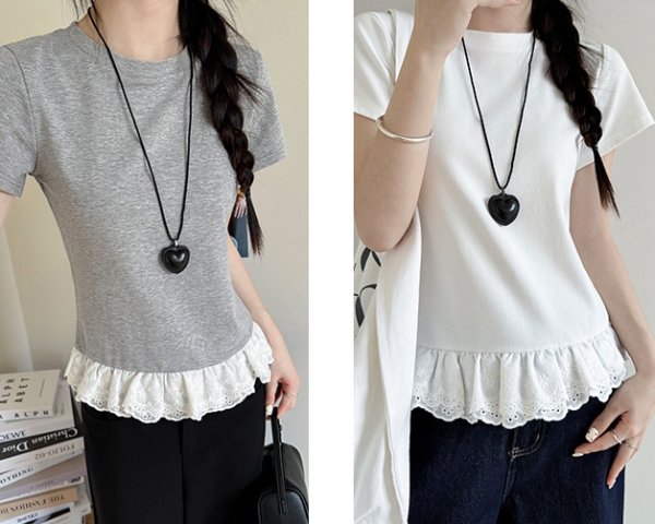 画像5: Splicing lace short sleeve T-shirt　裾レース付きラウンドネック半袖Tシャツ (5)