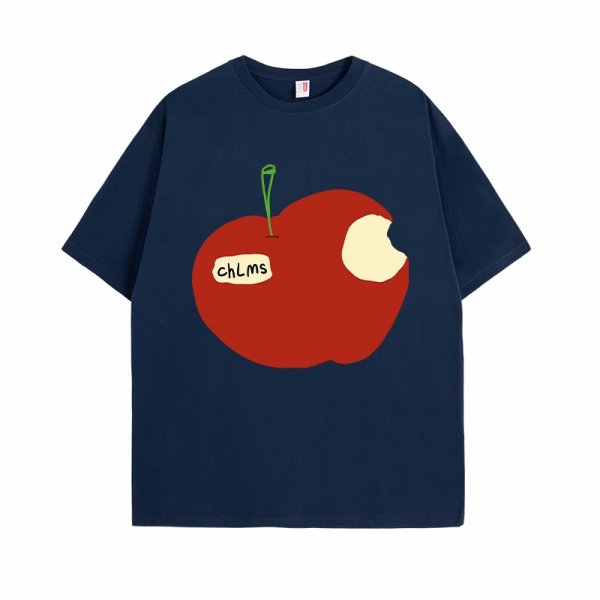 画像7: take bites out of a whole apple  print T-shirt　ユニセックスかじりかけのリンゴプリントラウンドネック半袖Tシャツ (7)