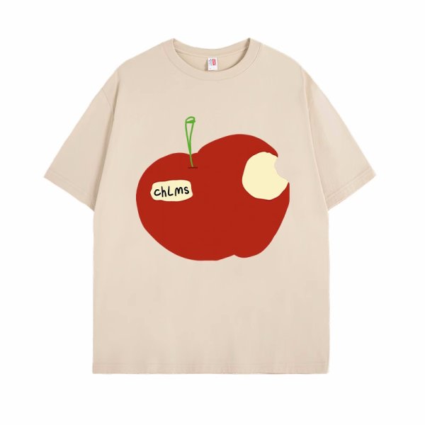 画像4: take bites out of a whole apple  print T-shirt　ユニセックスかじりかけのリンゴプリントラウンドネック半袖Tシャツ (4)